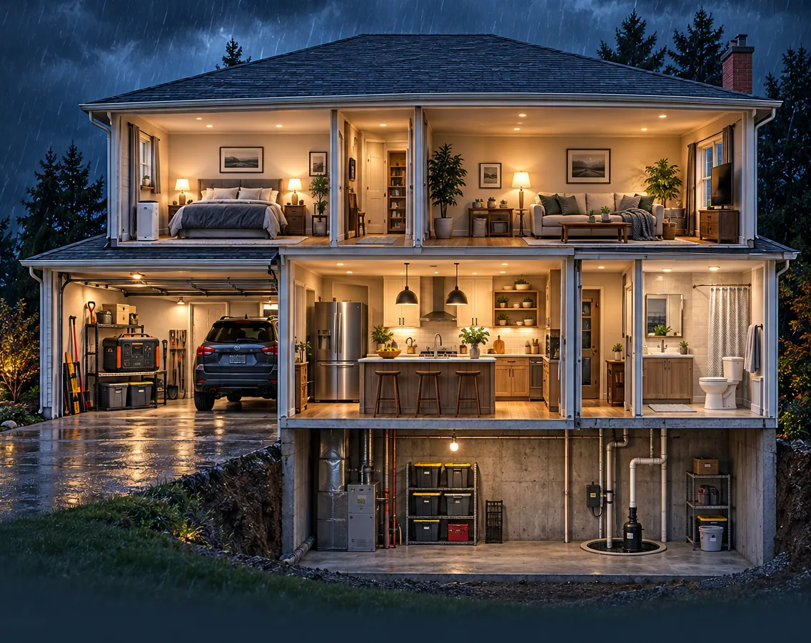 Cutaway illustration of a two-story home on a stormy night, every room lit: a garage with a power station, a kitchen, a bathroom, a bedroom, a living room and a basement with a sump pump.