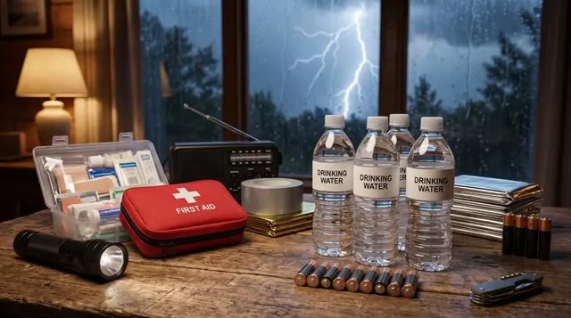 Bottled water, a first-aid kit, a flashlight and a radio on a table during a storm