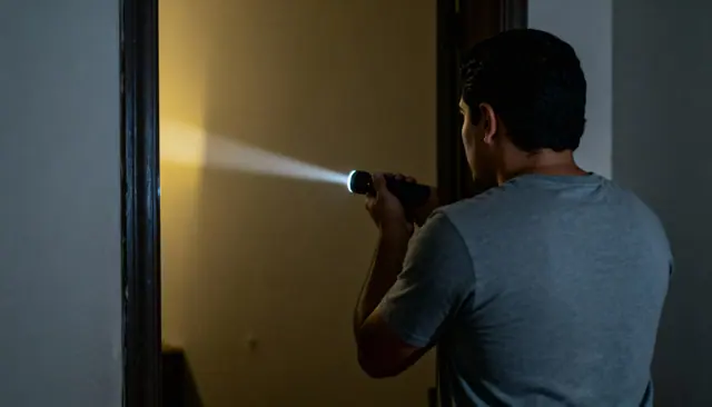 A man shining a flashlight through a dark doorway
