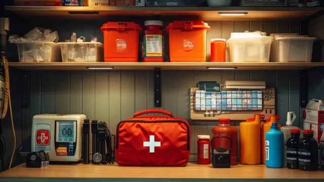 Shelves of organised emergency supplies and first-aid bags