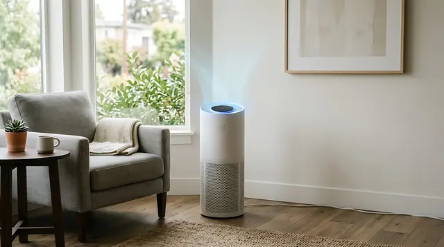 An air purifier running in a bright living room