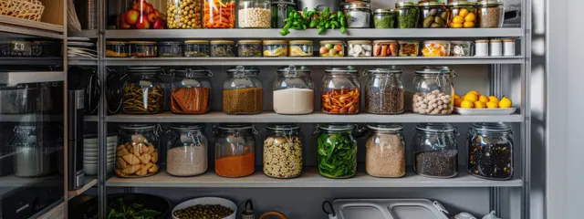 Pantry shelves stocked with jars and dry goods