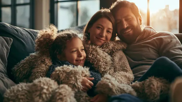 A family wrapped in blankets on a sofa