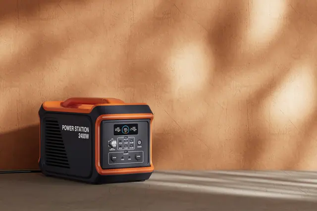 A portable power station against a sunlit wall