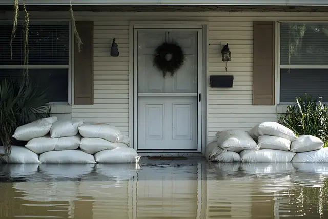 Sandbags across the front of a house in floodwater